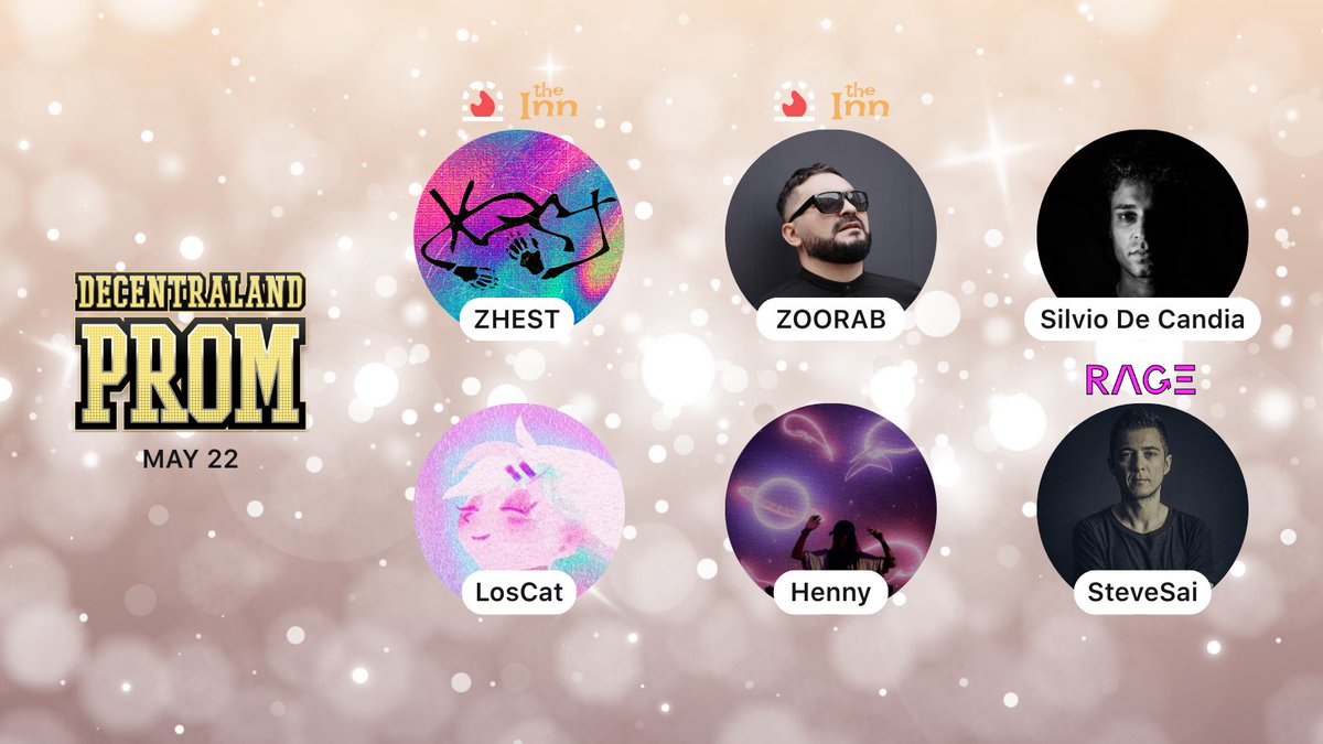 Decentraland (@decentraland) on Twitter photo Tonight dance the night away at Prom and catch 6 live performances from Decentraland artists❤️
⭐️ 7:30PM UTC - <a href="/zhestrec/">zhestrec.eth ☠️ ꀘꉻꋪ</a> at <a href="/innkeeperdoteth/">innkeeper.eth</a>
⭐️ 8:00PM UTC - <a href="/ZOORABMUSIC/">ZOORAB MUSIC</a> at <a href="/innkeeperdoteth/">innkeeper.eth</a>
⭐️ 9:00PM UTC - <a href="/SilvioDeca/">Silvio De Candia</a> at Prom
⭐️ 10:00PM UTC - <a href="/LosCat__/">LosCat</a> at Prom
⭐️ 11:00PM UTC - Tonight dance the night away at Prom and catch 6 live performances from Decentraland artists❤️
⭐️ 7:30PM UTC - <a href="/zhestrec/">zhestrec.eth ☠️ ꀘꉻꋪ</a> at <a href="/innkeeperdoteth/">innkeeper.eth</a>
⭐️ 8:00PM UTC - <a href="/ZOORABMUSIC/">ZOORAB MUSIC</a> at <a href="/innkeeperdoteth/">innkeeper.eth</a>
⭐️ 9:00PM UTC - <a href="/SilvioDeca/">Silvio De Candia</a> at Prom
⭐️ 10:00PM UTC - <a href="/LosCat__/">LosCat</a> at Prom
⭐️ 11:00PM UTC -