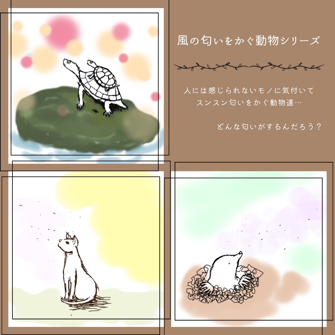 『風の匂いをかぐ動物』シリーズ

人には感じられないモノに気付いて、スンスン匂いをかぐ動物達…
どんな匂いがするんだろう？

気になる彼らの姿を描きました😊

HEXAにて販売中✨
リンクはリプ欄からどうぞ💁‍♀️✨