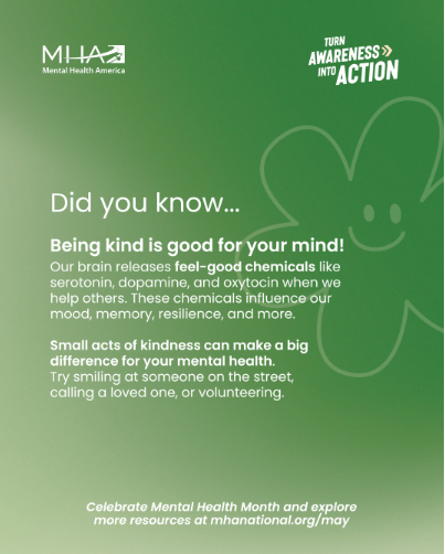 Did you know that helping others actually helps you? This #MHM, remember that small acts of kindness can make a big difference for your mental health.

Try these 10 journal prompts to jumpstart turning awareness into action: mhanational.org/wp-content/upl…