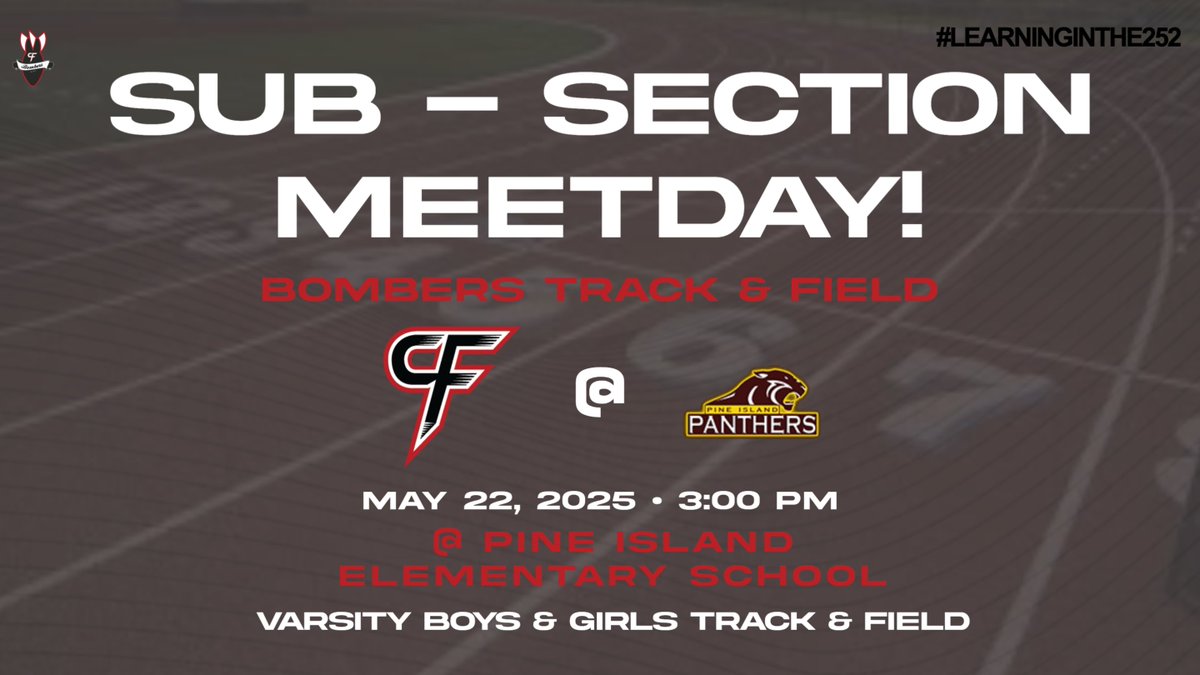 Good luck to the Bomber Varsity Boys &amp; Girls Track/Field Teams competing in the Sub-Section Track Meet @ Pine Island today!
@ 3:00 pm
@ Pine Island Elementary School - parking is very limited
Tickets = $8 Adults &amp; $5 Students
Good luck Bombers!!!
#LearningInThe252