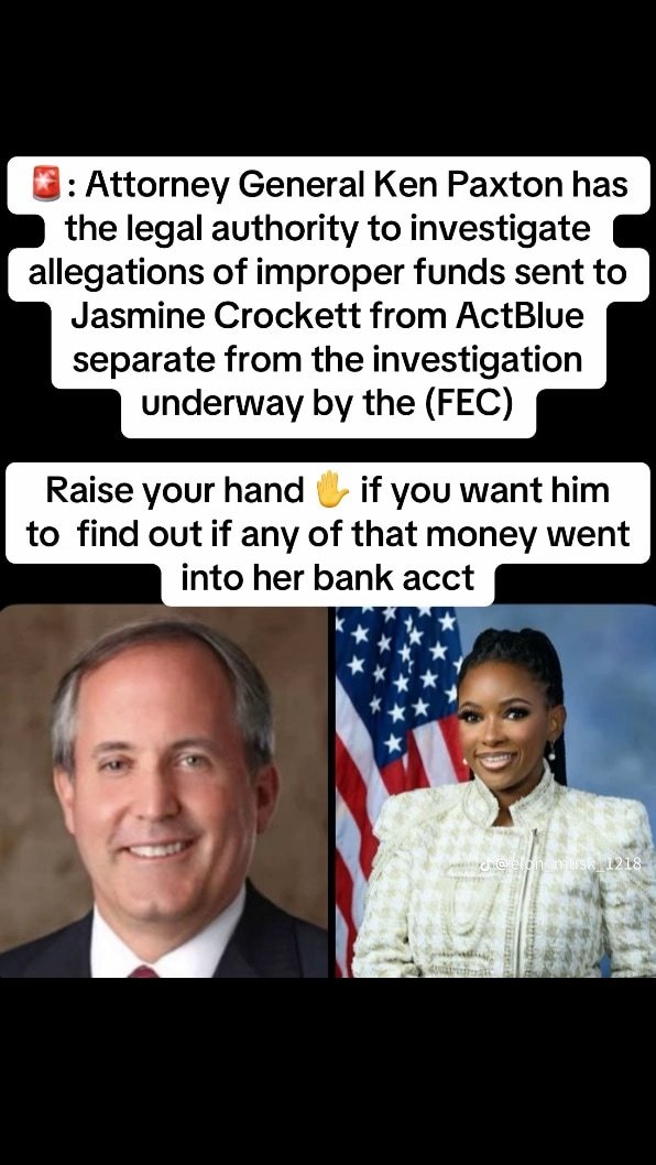 Jessies_Too's tweet image. Will Texas AG, Ken Paxton, investigate Rep Jasmine
Crockett for illegal donations from ActBlue? He
is well within his rights legally to do so? 🤔