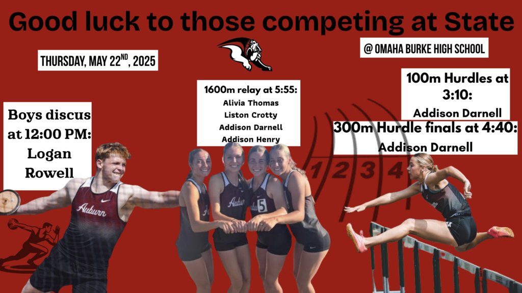 Good luck to Logan Rowell, Addie Darnell, Liston Crotty, Addie Henry, and Alivia Thomas today at state track!