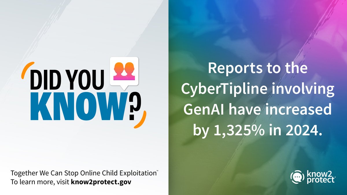 Know2Protect's tweet image. #DYK in 2024, reports to @NCMEC&apos;s CyberTipline involving Generative AI rose by 1,325%? If a child encounters harmful content online, report it immediately. Visit dhs.gov/know2protect/h… for more information.

#K2P #SpringIntoSafety