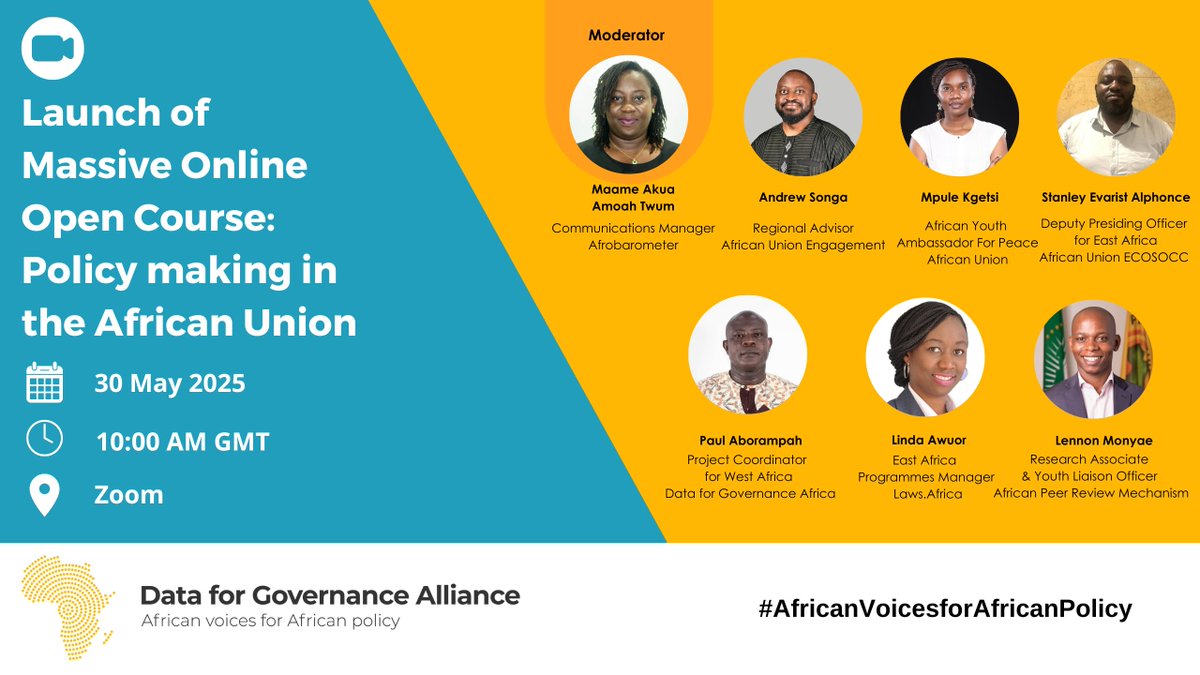 Join us as we launch our Massive Online Open Course, which aims to equip African policy actors with tools and strategies to effectively engage in and influence African Union policy-making processes.

🗓 30 May 2025
⏰10:00 AM GMT
📍Zoom

Register here: bit.ly/3Ff8kd2