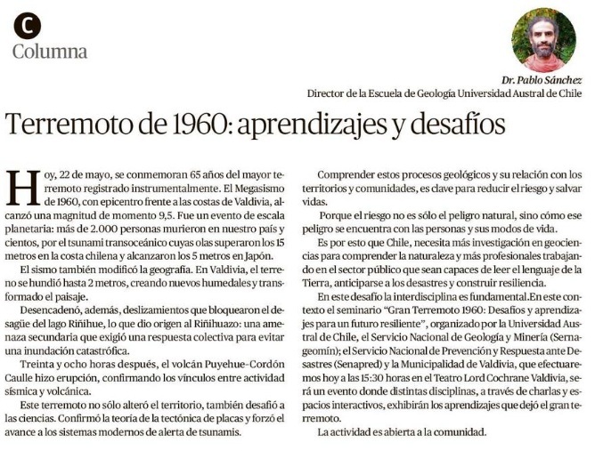 Universidad Austral de Chile (@uaustraldechile) on Twitter photo Compartimos columna de opinión publicada en el Diario Austral Región de Los Ríos (Valdivia). "Terremoto 1960: aprendizajes y desafíos", escrita por el Dr. Pablo Sánchez, director de la Escuela de Geografía de la Universidad Austral de Chile <a href="/cienciasuach/">Facultad de Ciencias, UACh</a> Compartimos columna de opinión publicada en el Diario Austral Región de Los Ríos (Valdivia). "Terremoto 1960: aprendizajes y desafíos", escrita por el Dr. Pablo Sánchez, director de la Escuela de Geografía de la Universidad Austral de Chile <a href="/cienciasuach/">Facultad de Ciencias, UACh</a>