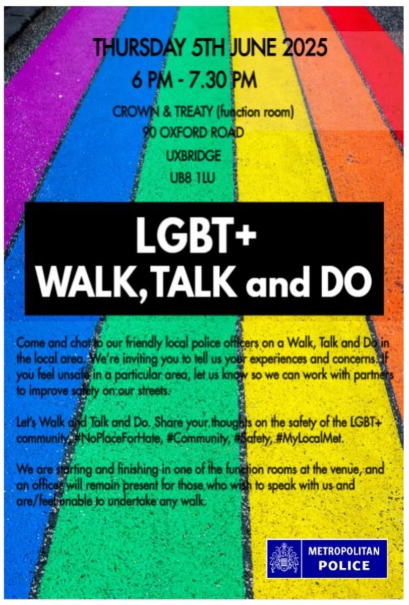 Uxbridge Town Centre (@mpsuxbridgetc) on Twitter photo #LGBT+ focussed Walk, Talk and Do:
6 - 7.30 pm on Thursday 5th June, starting/finishing <a href="/CrownTreaty/">CrownAndTreaty</a>.
No booking required.
#community, #safety, #NoPlaceForHate, #MyLocalMet.
<a href="/wlqr/">Митофан Гордиев</a>, <a href="/HillingdonVoice/">Hillingdon Residents</a>. #LGBT+ focussed Walk, Talk and Do:
6 - 7.30 pm on Thursday 5th June, starting/finishing <a href="/CrownTreaty/">CrownAndTreaty</a>.
No booking required.
#community, #safety, #NoPlaceForHate, #MyLocalMet.
<a href="/wlqr/">Митофан Гордиев</a>, <a href="/HillingdonVoice/">Hillingdon Residents</a>.