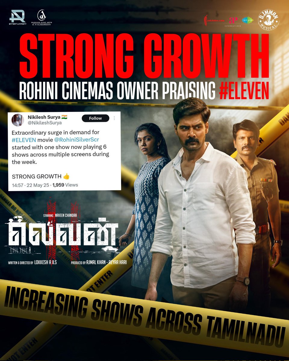 Nikil Murukan (@onlynikil) on Twitter photo #Eleven Show & Theatres increasing Across Tamilnadu.
Growing Stronger 💪
#Eleven running successfully now in theatres near by you 🔥
#Elevenmovie
<a href="/Naveenc212/">Actor Naveen Chandra</a> <a href="/ARentertainoffl/">AR Entertainment</a> <a href="/SushmaCineArts/">Sushma Cine Arts</a> #GNAlagarsamy <a href="/lokeshajls/">Lokkesh Ajls</a> <a href="/immancomposer/">D.IMMAN</a> <a href="/actressReyaa/">Reyaa</a> <a href="/abhiramiact/">Abhirami</a> <a href="/Riythvika/">Riythvika✨</a> #Eleven Show & Theatres increasing Across Tamilnadu.
Growing Stronger 💪
#Eleven running successfully now in theatres near by you 🔥
#Elevenmovie
<a href="/Naveenc212/">Actor Naveen Chandra</a> <a href="/ARentertainoffl/">AR Entertainment</a> <a href="/SushmaCineArts/">Sushma Cine Arts</a> #GNAlagarsamy <a href="/lokeshajls/">Lokkesh Ajls</a> <a href="/immancomposer/">D.IMMAN</a> <a href="/actressReyaa/">Reyaa</a> <a href="/abhiramiact/">Abhirami</a> <a href="/Riythvika/">Riythvika✨</a>