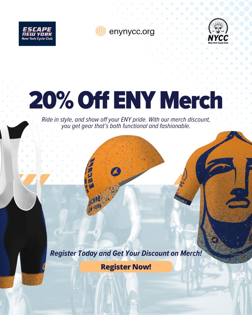 20% OFF ENY merch when you register! Style + savings = a reason to ride in ENY colors. Use code ENYSOCIAL for $30 off registration and receive a year's membership to NYCC bit.ly/4hYCTl4 Please Share! 🎽🛒 #RideInStyle