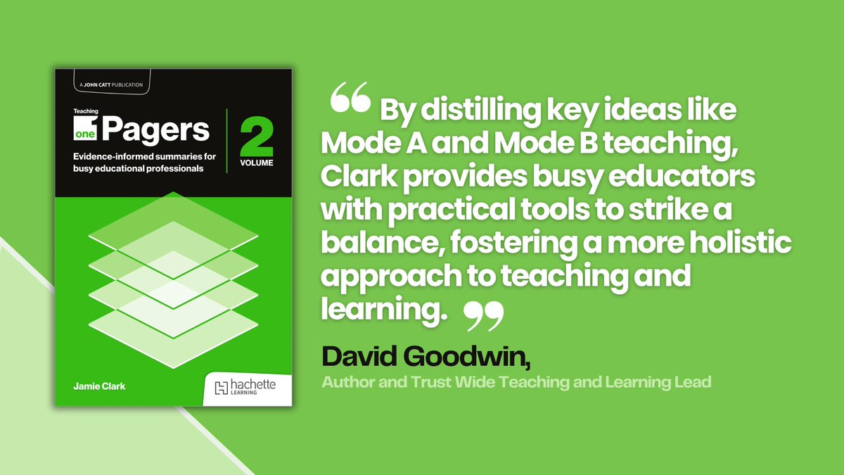 John Catt Educational from Hachette Learning (@johncatted) on Twitter photo Out tomorrow! Teaching One Pagers 2 from <a href="/XpatEducator/">Jamie Clark</a>, provides concise A4 summaries that distil key educational research! Check out this brilliant testimonial from <a href="/MrGoodwin23/">David Goodwin</a>. Pre-order your copy and read the full review here ow.ly/k2GC50VQUc2
#OnePagers #TeacherPD Out tomorrow! Teaching One Pagers 2 from <a href="/XpatEducator/">Jamie Clark</a>, provides concise A4 summaries that distil key educational research! Check out this brilliant testimonial from <a href="/MrGoodwin23/">David Goodwin</a>. Pre-order your copy and read the full review here ow.ly/k2GC50VQUc2
#OnePagers #TeacherPD