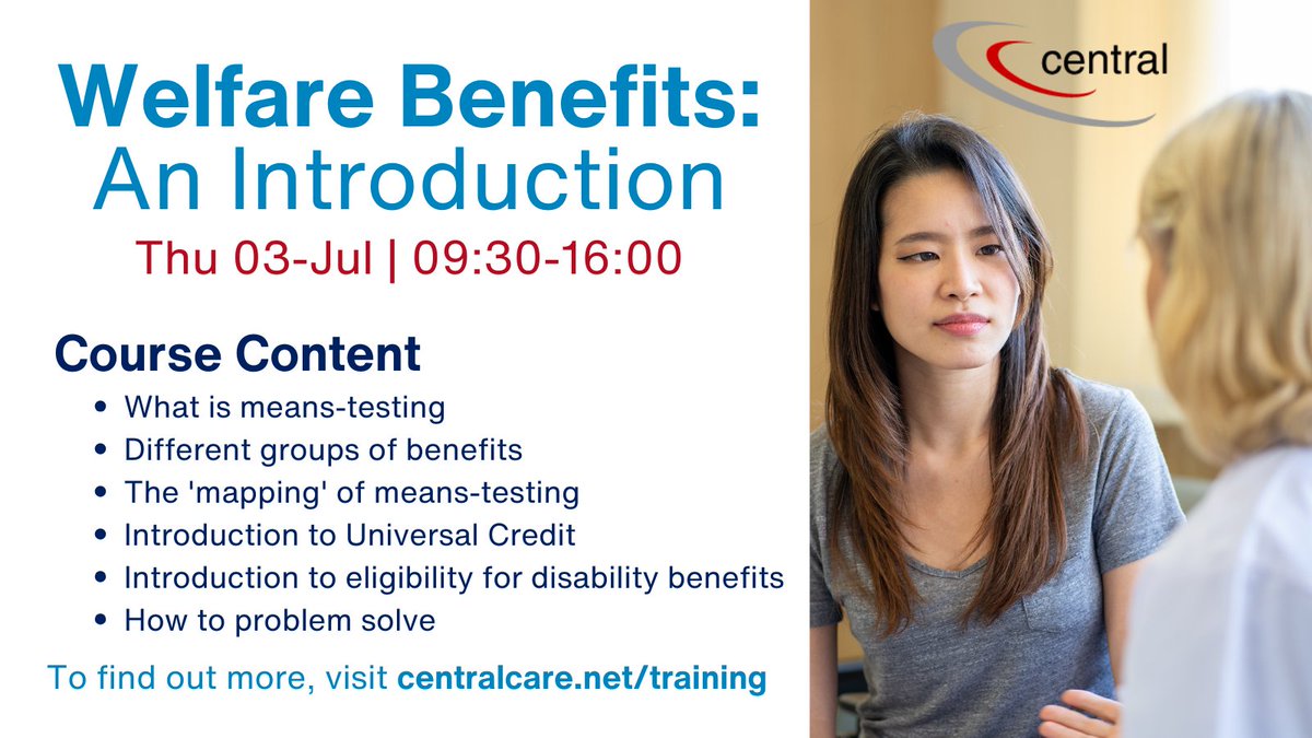 CentralCare's tweet image. @CentralCare’s Welfare Benefits course covers the different groups of benefits including means-tested, contributory, and disability benefits and gives real case examples. Book your space today!
#training #VirtualTraining #opencourse #WelfareBenefits
centralcare.net/training/open-…