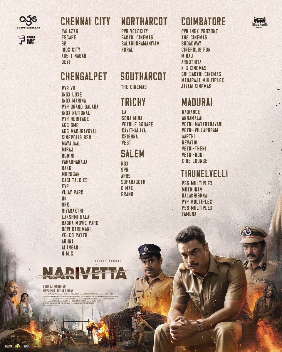 AGS Entertainment (@ags_production) on Twitter photo The Hunt Begins! 🔥 #Narivettai / #Narivetta will be roaring across Tamil Nadu From Tomorrow – Check out the theaters list and witness the action unfold! 🔥🔥
Tamil Trailer ▶️ : youtu.be/5uCVNX-u-Fc
#NarivettaiFromMay23
<a href="/ttovino/">Tovino Thomas</a> <a href="/CheranDirector/">Cheran Pandiyan</a> <a href="/anuvtv/">Anuraj Manohar</a>
#SurajVenjaramoodu The Hunt Begins! 🔥 #Narivettai / #Narivetta will be roaring across Tamil Nadu From Tomorrow – Check out the theaters list and witness the action unfold! 🔥🔥
Tamil Trailer ▶️ : youtu.be/5uCVNX-u-Fc
#NarivettaiFromMay23
<a href="/ttovino/">Tovino Thomas</a> <a href="/CheranDirector/">Cheran Pandiyan</a> <a href="/anuvtv/">Anuraj Manohar</a>
#SurajVenjaramoodu