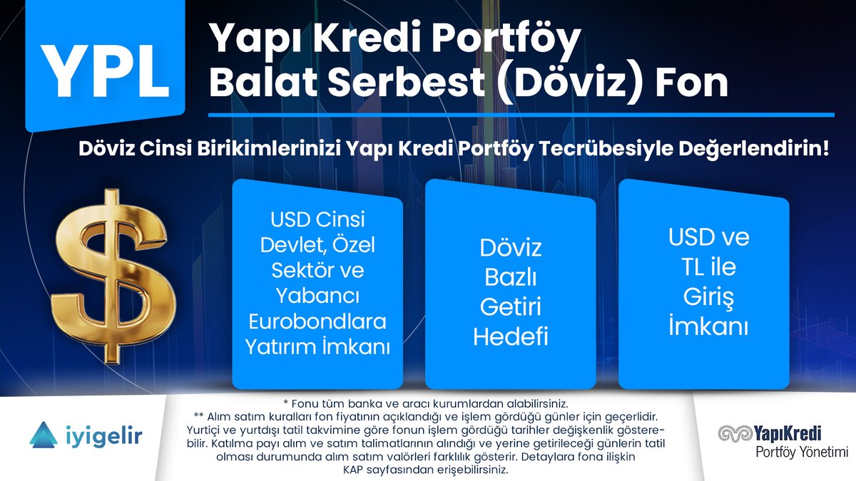 iyigelirnet's tweet photo. 📌YPL – Yapı Kredi Portföy Balat Serbest (Döviz) Fon
Döviz Cinsi Birikimlerinizi Profesyonel Yönetimle Değerlendirin!
💵USD cinsinden ihraç edilen kamu ve özel sektör borçlanma araçlarına odaklanan #YPL, döviz cinsinden getiri hedefleyen ve profesyonel portföy yönetimini tercih eden nitelikli yatırımcılar için tasarlanmıştır.
🔎Fonun yatırım stratejisi gereği, fon toplam değerinin en az %80’i döviz cinsi kamu borçlanma araçları, özel sektör eurobondları ve kira sertifikalarına yönlendirilir. Geri kalan kısım ise TL veya döviz bazlı diğer likit yatırım araçlarında değerlendirilir.
Fon portföyünde ortalama 2-3 yıl vadeli USD cinsi eurobond taşımakla birlikte mevcut portföy yapısı bozulmadan kaldıraç limiti kullanmaktadır. Böylece kısa vadeli repo ile borçlanıp, repoya ödenecek faizden daha yüksek faizli eurobond alarak ek getiri yaratma hedefine sahiptir.
🎗️Fon TEFAS üzerinden erişime açıktır ve yatırımcılar fona hem USD hem de TL cinsinden giriş yapabilir.
Fonun mevcut portföy yapısı itibarıyla orta vadeli döviz cinsi borçlanma enstrümanlarına odaklı bir yapıdadır. Bu sayede döviz bazlı düzenli getiri ve çeşitlendirilmiş bir yatırım aracı olarak portföylerde yer alabilir.
https://t.co/WqyO6Wi3Vw