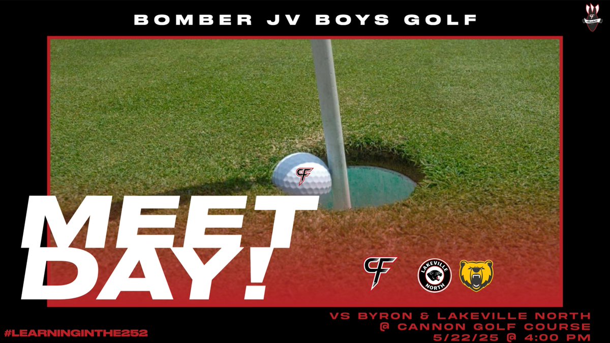 Good luck to the Bomber JV Boys Golf Team hosting a triangular with Byron &amp; Lakeville North today!
@ 4:00 pm
@ Cannon Golf Course
Good luck Bombers!!!
#LearningInThe252