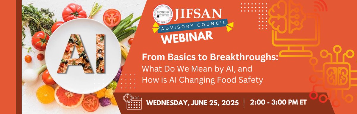 JIFSAN's tweet photo. We are Starting the Summer Out Strong with a Super-Hot Webinar on Artificial Intelligence (AI) &amp; Food Safety!

“From Basics to Breakthroughs: What Do We Mean by AI and How is AI Changing Food Safety”

June 25, 2025
2:00-3:00 PM

More info &amp; to register: https://t.co/g4KmDGiT5R https://t.co/640pTDpWrc