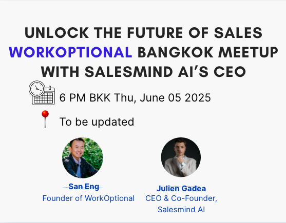 🤖 Unlock the Future of Sales — Live in Bangkok!
Join SalesMind AI CEO Julien Gadea to explore how AI is transforming prospecting, engagement &amp; conversion.
🗓️ June 5 | 6–8PM | 🎙️ Hosted by San Eng
🔗 RSVP: shorturl.at/Hot5D
#WorkOptional #FutureOfSales