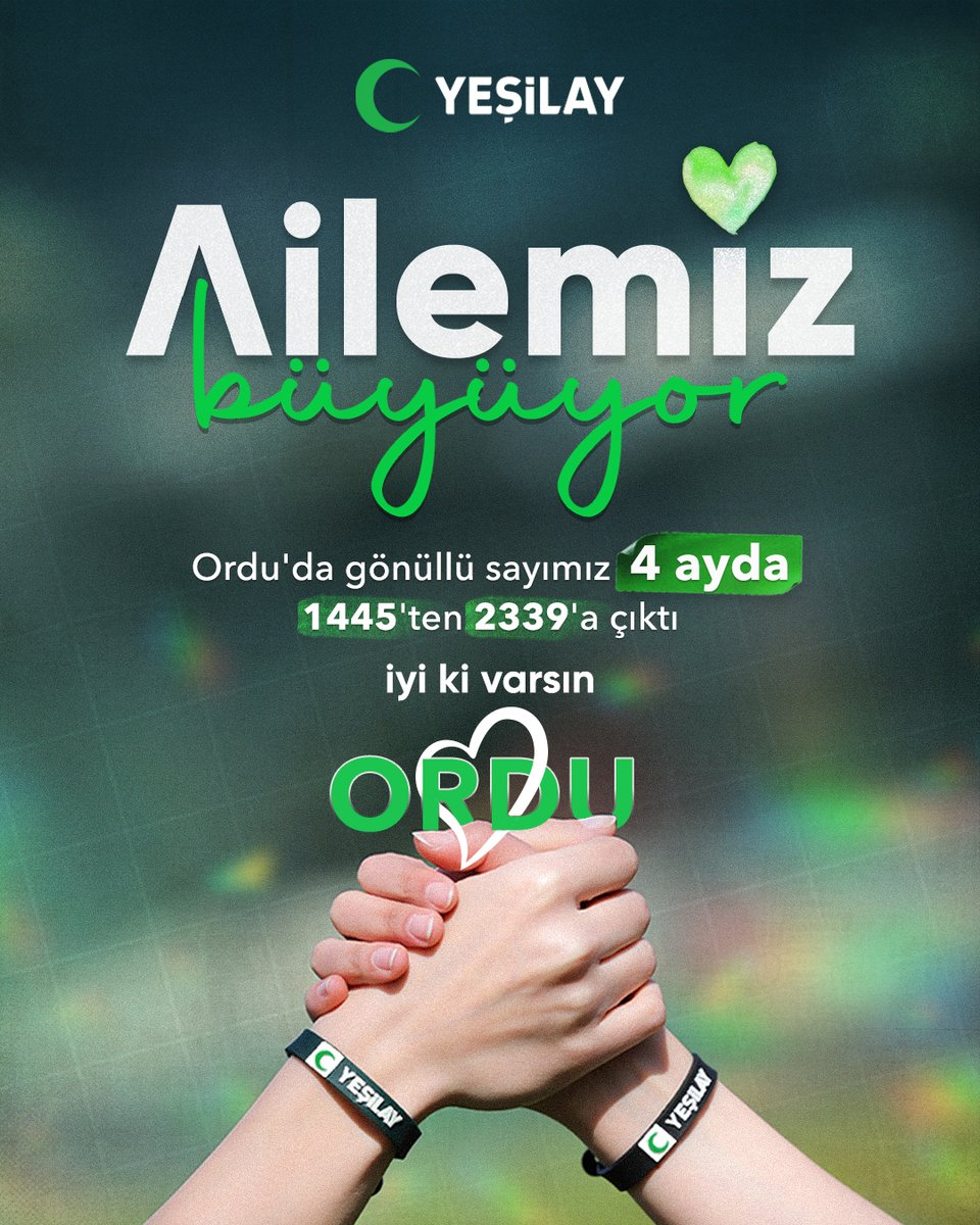 Yeşilay ailemiz büyüyor 💚 

Ordu Şubemizde 1 Ocak 2025'te 1445 olan gönüllü sayımız, bugün 2339! Sadece 4 ayda 894 kişi ailemizin parçası oldu. İyi ki varsın Ordu 🥰

Yeşilay olarak,
💚 Her desteğe,
💚 Her emeğe,
💚 Her güzel yüreğe minnettarız 🤝

#Yesilay