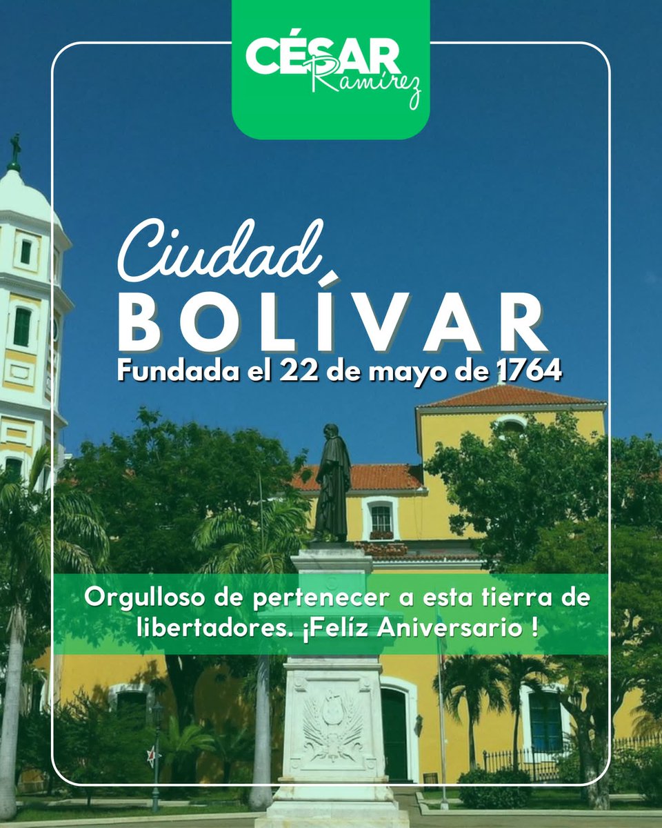 guayanaFV's tweet photo. ¡261° 𝐴𝑛𝑖𝑣𝑒𝑟𝑠𝑎𝑟𝑖𝑜, 𝐶𝑖𝑢𝑑𝑎𝑑 𝐵𝑜𝑙𝑖𝑣𝑎𝑟!
Hoy celebramos con orgullo su fundación, cultura, tradición y belleza natural a orillas del majestuoso Orinoco.

A seguir construyendo futuro para 𝐶𝑖𝑢𝑑𝑎𝑑 𝐵𝑜𝑙𝑖𝑣𝑎𝑟 y los bolivarenses @Cesarramirezpoz #22May https://t.co/DC8DnthHdC