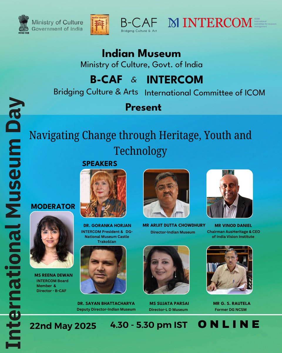 IndianMuseumKol's tweet image. On May 22, 2025, Indian Museum Kolkata hosted an online panel on “Navigating Change through Heritage, Youth and Technology” with B-CAF &amp;amp; INTERCOM.

The session explored how museums can remain relevant through inclusion, innovation, and public engagement.

#InternationalMuseumDay