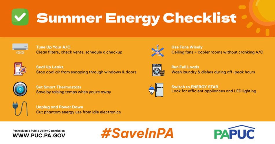 ⚡ New electric rates take effect June. Now’s the time to prep for summer &amp; manage your energy use.

💡 Tips to save:
• Service HVAC
• Seal doors/windows
• Use fans &amp; off-peak hours
• Upgrade to ENERGY STAR
🔌 Compare suppliers at PAPowerSwitch.com
#EnergyTips #SaveInPa
