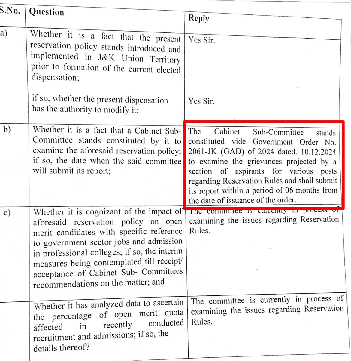 OMSA_JK's tweet photo. Clarification on Deadline of Sub-Committee Report

On November 22, 2024, the J&K government, in a cabinet meeting, decided to establish a sub-committee to review the reservation policy in the region. However, the official government order was not issued immediately.

Subsequently, on December 10, 2024, Government Order No. 2061-JK(GAD) of 2024 was issued, officially constituting the sub-committee. This order, however, did not specify any timeframe for the submission of the report.

Following the Gupkar protest and widespread concerns raised by students, the Hon’ble Chief Minister of J&K assured that the sub-committee would submit its report within six months. However, after some months when a Right to Information (RTI) application was filed, it was revealed that the sub-committee was not bound by any such timeframe and no six-month deadline was officially recorded in the RTI response.

After further pressure from the student community, the Hon’ble Chief Minister clarified on X (formerly Twitter) that although the initial order lacked a timeline, the sub-committee is working to complete its task within six months. He stated:
"This timeline, however, was not in the initial order setting up the sub-committee. That oversight will be corrected but rest assured the committee is working to complete its task in the set timeframe."

Later, when a Hon’ble MLA raised this issue in the Assembly, the government’s official response clearly stated:
"The Cabinet Sub-Committee stands constituted vide Government Order No. 2061-JK(GAD) of 2024 dated 10.12.2024 to examine the grievances projected by a section of aspirants for various posts regarding Reservation Rules and shall submit its report within a period of 6 months from the date of issuance of the order." (Screenshot attached)

Therefore, the official deadline for the sub-committee report is 10 June, 2025.

Today, OMSA J&K contacted the Chairperson of the Sub-Committee, who reaffirmed that the deadline is indeed June 10, 2025. We formally requested that the report be submitted immediately, without any further delay.

We strongly urge the government to fulfill its responsibility by ensuring the immediate submission and timely implementation of the sub-committee report. Over five months have already passed, and only 18 days remain. This is not just a procedural delay, this is a matter that directly impacts the future, rights, and dignity of lacs of aspirants across Jammu and Kashmir.
