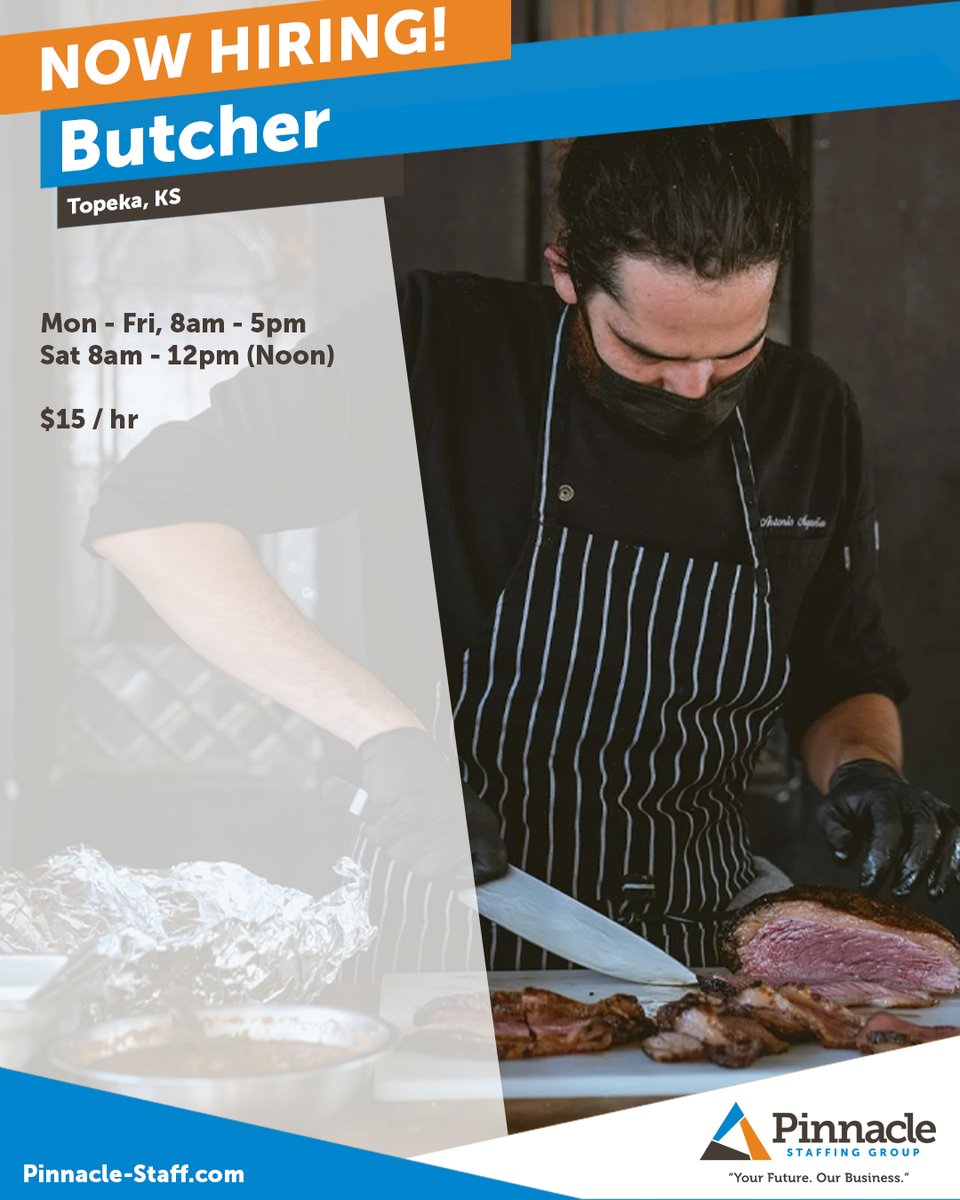 pinnaclegroups's tweet image. We're searching for a Butcher in Topeka! 

indeed.com/job/butcher-c8…

#TopekaJobs #ButcherJobs #ApplyNow #NowHiring #Hiring
