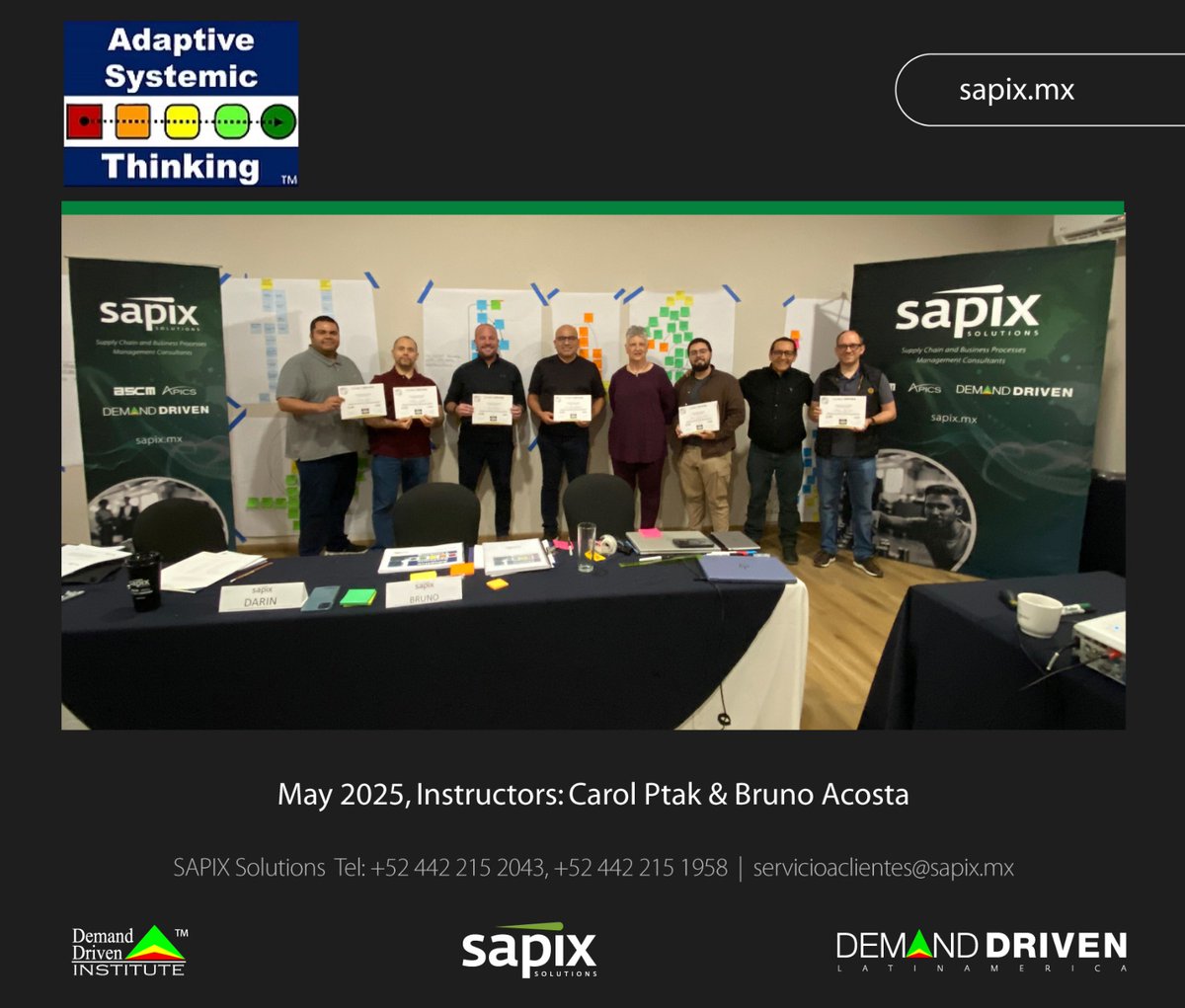 ddinstitute's tweet photo. DDI Cofounder Carol Ptak and #ddiiinstructor Bruno Acosta lead an Adaptive Systemic Thinking (AST) program in Querétaro, Mexico. The session was hosted by SAPIX Solutions. #astp #demanddriven #criticalthinking #thinkingprocesses #thoughtware https://t.co/Q55zEOtym5