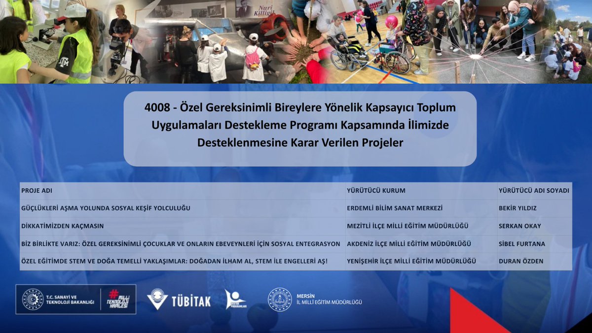 Tebrikler MERSİN🎊🎉 

TÜBİTAK "4008 Özel Gereksinimli Bireylere Yönelik Kapsayıcı Toplum Uygulamaları Destekleme Programı” 3. Çağrısı kapsamında toplam 80 proje destek almaya hak kazanmıştır. 

İlimizden 4 proje desteklenen projeler arasındadır. 

Müdürlüğümüz ve Müdürlüğümüze