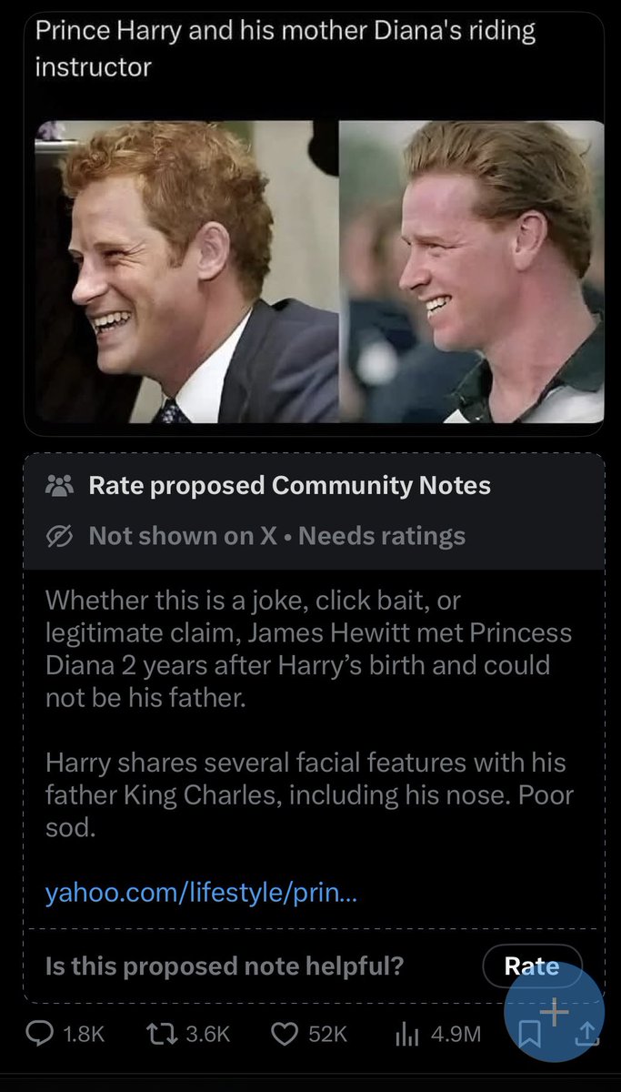 “Harry shares several facial features with his Father King Charles, including his nose. Poor sod.”

Community notes the best and most entertaining social media feature in the last decade lmao.