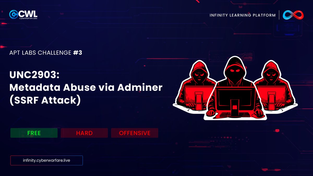 cyberwarfarelab's tweet image. 💥 APT Labs Challenge #3 is LIVE! UNC2903: Metadata Abuse via Adminer (SSRF Attack) — a FREE hands-on challenge for serious offensive security learners.
🔓 Access now: cyberwarfare.live/infinity-learn…
#CyberSecurity #SSRF #InfinityLearning #APTChallenge #CyberWarFareLabs #RedTeamOps