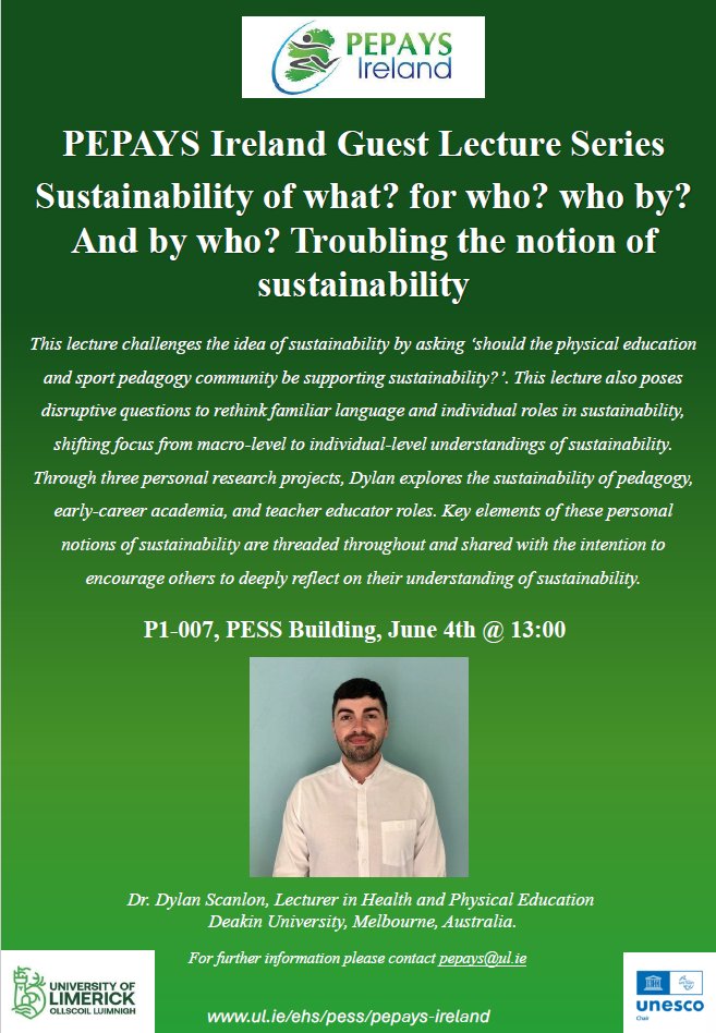 PEPAYS Ireland (@pepays_ireland) on Twitter photo The final installment of the PEPAYS Ireland guest lecture series, before a short summer break, is with <a href="/Dylan_Scanlon1/">Dylan Scanlon</a> on June 4th at 13:00. In this lecture, Dylan challenges the idea of sustainability within the Physical Education and Sports Pedagogy community. The final installment of the PEPAYS Ireland guest lecture series, before a short summer break, is with <a href="/Dylan_Scanlon1/">Dylan Scanlon</a> on June 4th at 13:00. In this lecture, Dylan challenges the idea of sustainability within the Physical Education and Sports Pedagogy community.
