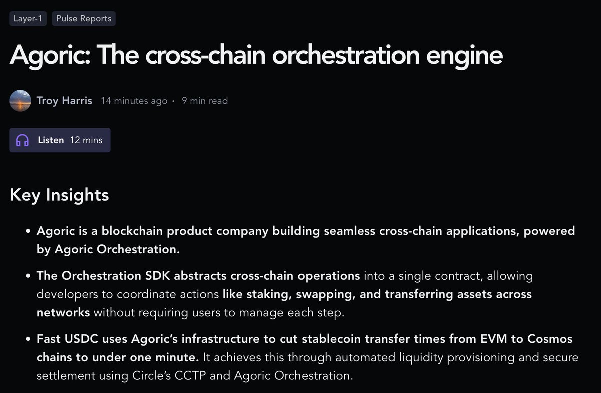 Cross-chain development is broken. <a href="/agoric/">Agoric</a> is fixing it.

Their Orchestration SDK lets developers automate swaps, staking, and transfers across blockchains in a single contract.

Fast USDC shows it in action—moving stablecoins from EVM to Cosmos in under one minute.

Full report: