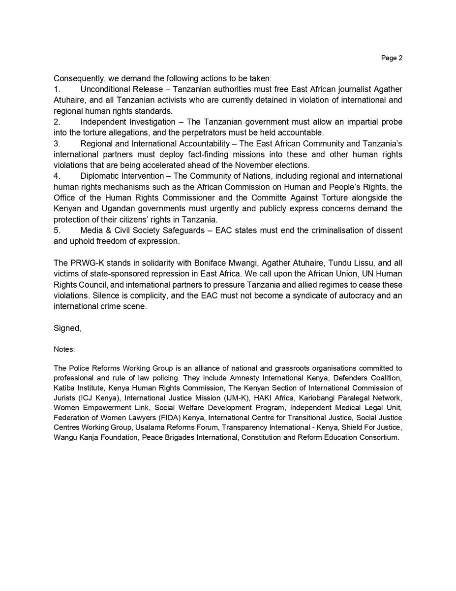 Katiba Institute (@katibainstitute) on Twitter photo Joint Statement:
The Police Reforms Working Group condemns the enforced disappearance and torture of Human Rights Defender <a href="/bonifacemwangi/">The Peopleās Watchman</a>, calls for the immediate release of Agather Atuhaire Joint Statement:
The Police Reforms Working Group condemns the enforced disappearance and torture of Human Rights Defender <a href="/bonifacemwangi/">The Peopleās Watchman</a>, calls for the immediate release of Agather Atuhaire