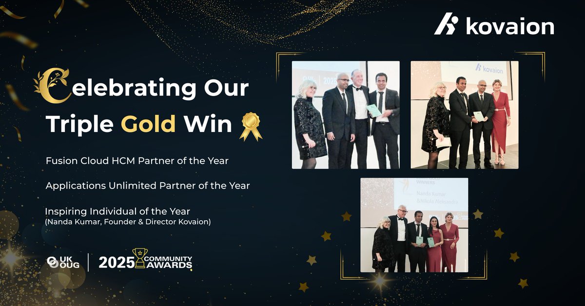 kovaion's tweet image. Celebrating Our Triple Gold Win at the #UKOUG Community Awards 2025!
👉UKOUG Fusion Cloud HCM Partner of the Year 2025
👉UKOUG Applications Unlimited Partner of the Year 2025
👉UKOUG Inspiring Individual of the Year 2025
(@nandakovaion, Founder &amp;amp; Director – #Kovaion)

#Oracle
