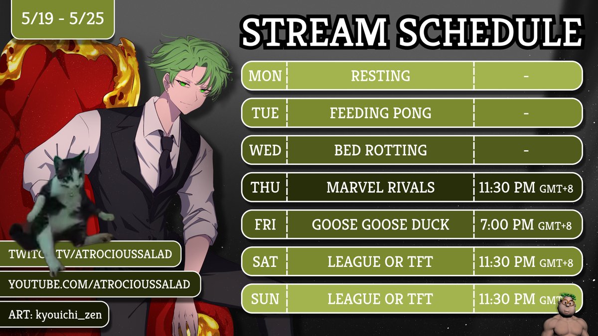 🥗 STREAM SCHEDULE 🥗

I can't believe i've been willingly playing league these days god SDFGDSFGHDGFH

#AtroLive #Vtuber