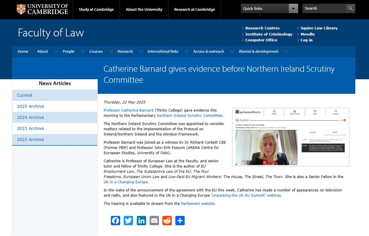 Faculty of Law (@cambridgelaw) on Twitter photo 📢Yesterday <a href="/CSBarnard24/">Catherine Barnard</a> (<a href="/TrinCollCam/">Trinity College</a>/<a href="/UKandEU/">UK in a Changing Europe</a>) gave evidence to the Parliamentary Northern Ireland Scrutiny Committee, and also took part in a debate following the UK-EU deal announced on Monday. More info at:
🔗bit.ly/4jdP1i8 📢Yesterday <a href="/CSBarnard24/">Catherine Barnard</a> (<a href="/TrinCollCam/">Trinity College</a>/<a href="/UKandEU/">UK in a Changing Europe</a>) gave evidence to the Parliamentary Northern Ireland Scrutiny Committee, and also took part in a debate following the UK-EU deal announced on Monday. More info at:
🔗bit.ly/4jdP1i8