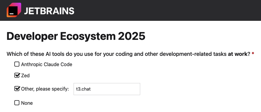labithiotis's tweet photo. @theo Jetbrains 2025 survey is out, and there was no option for https://t.co/QDycUOMnHY :( https://t.co/5X1DqqqXLj https://t.co/gLJ55ys8lJ