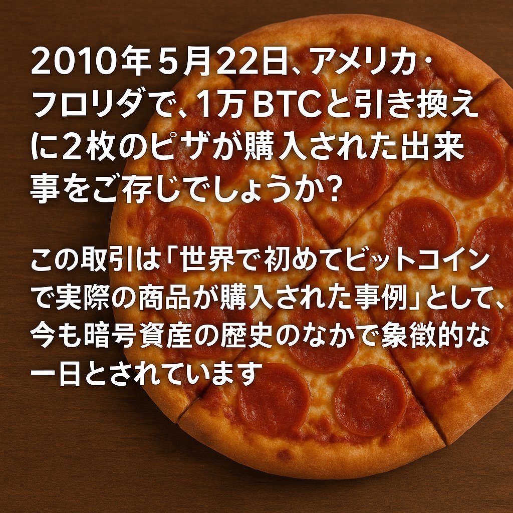 今日は「ビットコイン・ピザデー」だったのね🍕 2010年5月22日、ある人がピザ2枚を 10,000BTC（当時約40ドル）で購入。 偶然にも本日 ビットコインは史上最高値を記録✨ 現在なら約850億円相当！！！ 🍕🍕ピザ1枚で歴史が変わった日に、 コインチェック口座開設で4,000円 ...
