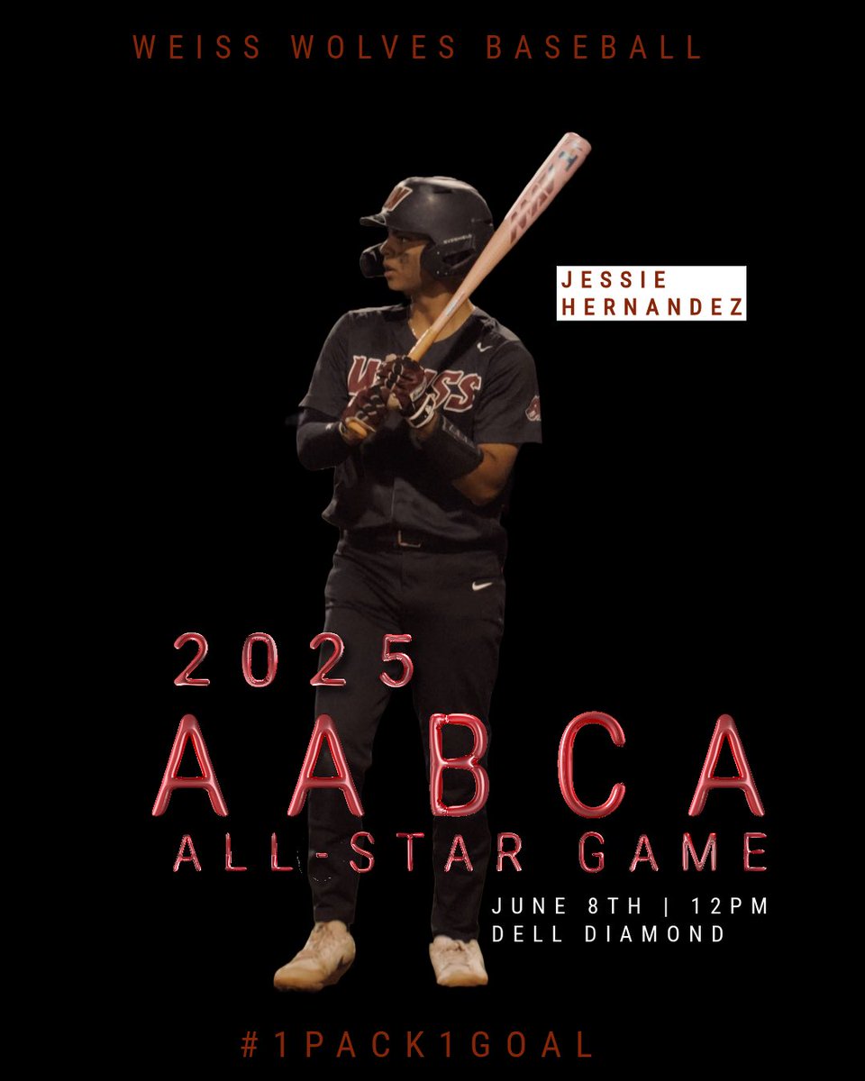 Weiss Wolves Baseball (@weiss_baseball) on Twitter photo Congratulations to <a href="/jessieh11_/">Jessie Hernandez</a> on being selected to play in the AABCA All Star Game at Dell Diamond on June 8th 12pm ‼️🔥
Come out and support one of your Weiss Wolves🐺
Should be a great game❗️
#1Pack1Goal Congratulations to <a href="/jessieh11_/">Jessie Hernandez</a> on being selected to play in the AABCA All Star Game at Dell Diamond on June 8th 12pm ‼️🔥
Come out and support one of your Weiss Wolves🐺
Should be a great game❗️
#1Pack1Goal