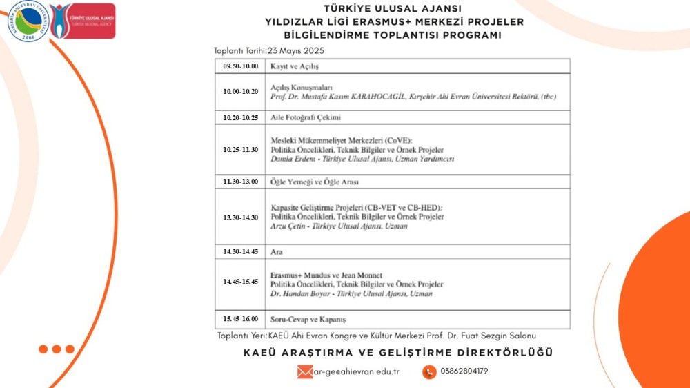 KAEÜ Kırşehir Ahi Evran Üniversitesi (@ahievranedutr) on Twitter photo 🔷 23 Mayıs 2025 (Cuma) Etkinliklerimiz
#KAEÜ #KırşehirAhiEvranÜniversitesi #Kırşehir
<a href="/mkarahoca/">Prof. Dr. Mustafa Kasım KARAHOCAGİL</a>
🔷 Yeni Dünyanın İnsanı Kim? Konulu Girişim Oturumu
🔷 Türkiye Ulusal Ajansı Yıldızlar Ligi Erasmus+ Merkezi Projeler Bilgilendirme Toplantısı 🔷 23 Mayıs 2025 (Cuma) Etkinliklerimiz
#KAEÜ #KırşehirAhiEvranÜniversitesi #Kırşehir
<a href="/mkarahoca/">Prof. Dr. Mustafa Kasım KARAHOCAGİL</a>
🔷 Yeni Dünyanın İnsanı Kim? Konulu Girişim Oturumu
🔷 Türkiye Ulusal Ajansı Yıldızlar Ligi Erasmus+ Merkezi Projeler Bilgilendirme Toplantısı