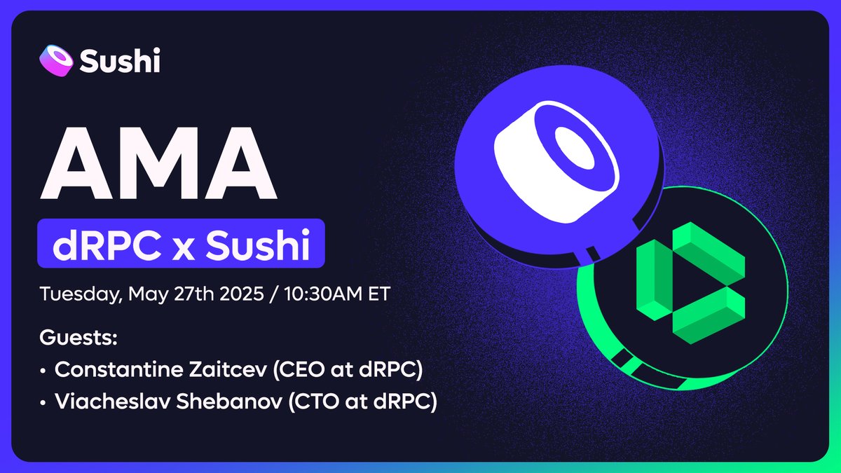 Sushi.com (@sushiswap) on Twitter photo Join us next Tuesday for our rescheduled AMA with the talented folks from <a href="/dRPCorg/">dRPC // All data from any blockchain in one place</a> where we'll chat about MEV & what they are doing to mitigate it for our users & more!
📅 May 27th, 10:30AM ET
👉 Set a reminder here: x.com/i/spaces/1yNGa… Join us next Tuesday for our rescheduled AMA with the talented folks from <a href="/dRPCorg/">dRPC // All data from any blockchain in one place</a> where we'll chat about MEV & what they are doing to mitigate it for our users & more!
📅 May 27th, 10:30AM ET
👉 Set a reminder here: x.com/i/spaces/1yNGa…