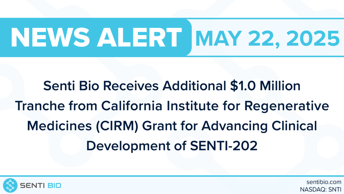 Senti Biosciences (@sentibio) on Twitter photo Senti Bio Receives Additional $1.0 Million Tranche from California Institute for Regenerative Medicines (CIRM) Grant for Advancing Clinical Development of SENTI-202
bit.ly/44KaBXW 
$SNTI #CellTherapy #CARNK #AcuteMyeloidLeukemia #AML Senti Bio Receives Additional $1.0 Million Tranche from California Institute for Regenerative Medicines (CIRM) Grant for Advancing Clinical Development of SENTI-202
bit.ly/44KaBXW 
$SNTI #CellTherapy #CARNK #AcuteMyeloidLeukemia #AML