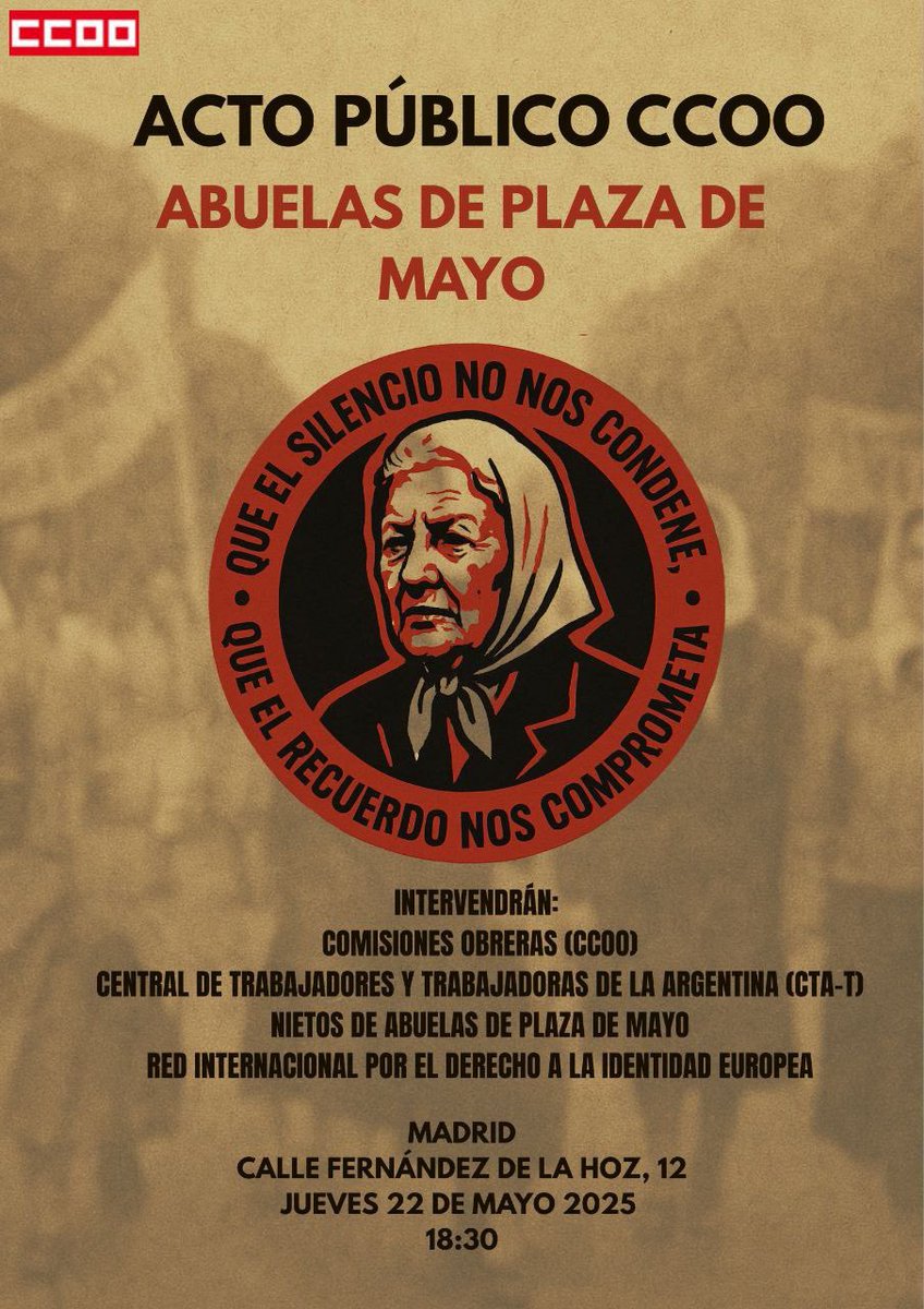 📅hoy 22 de mayo
🕐17:30
📍CCOO 
FERNANDEZ DE LA HOZ 12
MADRID