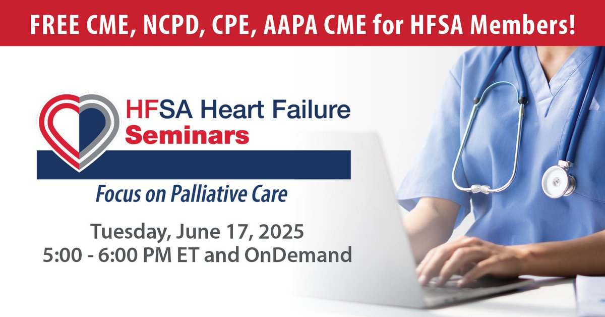 HFSA (@hfsa) on Twitter photo Join us for our latest HF Seminar on June 17 at 5 PM ET! The seminar will feature co-authors Sarah Chuzi, MD, MSc, and <a href="/haiderwarraich/">Haider Warraich</a>, MD, as they highlight these key takeaways 👇
1. Understand the need for palliative care among patients with heart failure.
2. Discuss how Join us for our latest HF Seminar on June 17 at 5 PM ET! The seminar will feature co-authors Sarah Chuzi, MD, MSc, and <a href="/haiderwarraich/">Haider Warraich</a>, MD, as they highlight these key takeaways 👇
1. Understand the need for palliative care among patients with heart failure.
2. Discuss how