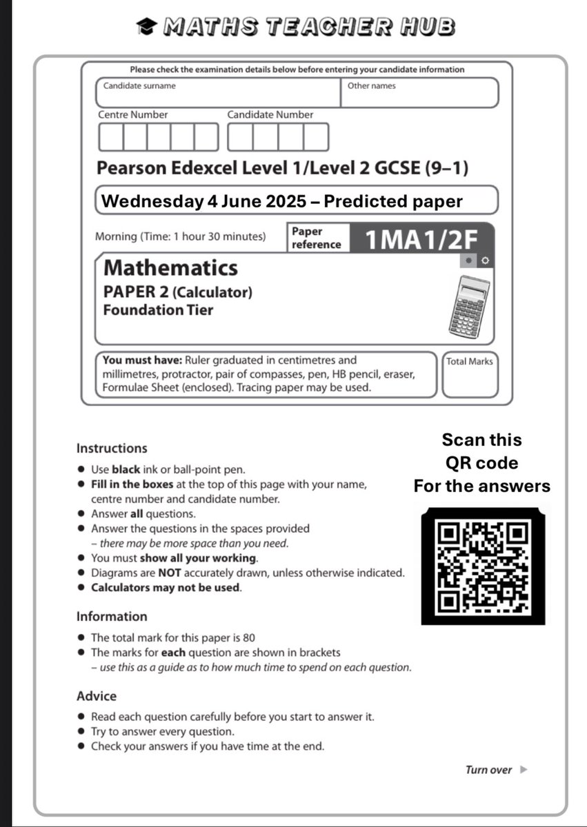 MathsTeacherHub's tweet photo. Predicted paper 2F - FREE Download
Walk along mark scheme available via a QR code on the front.
Hopefully you still have time to send out to your students before half term.
#GCSEmaths #mathspaper2 #mathsgcse #mathsteacher
https://t.co/fgDVmWZ8jb https://t.co/2y3g6GdHqd