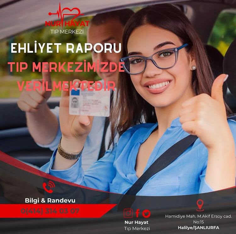 📢 Ehliyet Raporu Artık Nur Hayat Tıp Merkezimizde!
Sürücü belgesi almak isteyenler için müjde! 🚗
Ehliyet sağlık raporu artık merkezimizde verilmektedir. Hızlı, güvenilir ve kolay başvuru süreci ile hizmetinizdeyiz. #EhliyetRaporu #SağlıkRaporu #TıpMerkezi #SürücüBelgesi #urfa