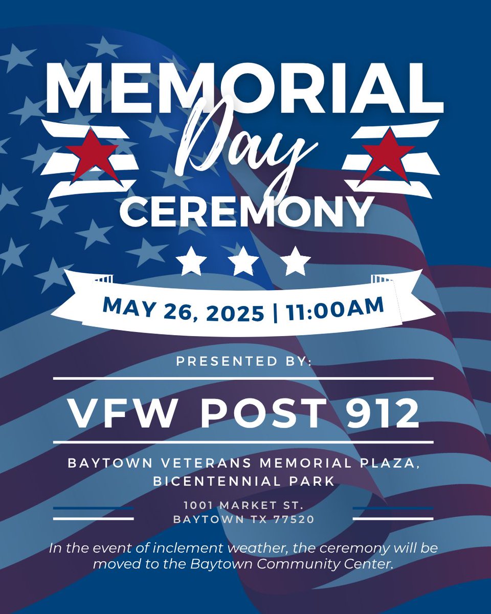 Join us Monday, May 26 at 11 AM at the Baytown Veterans Memorial Plaza as we honor those who gave their lives in service to our country. 🇺🇸

City offices will be closed for Memorial Day.
*In case of rain, the ceremony will move to the Baytown Community Center.
#MemorialDay