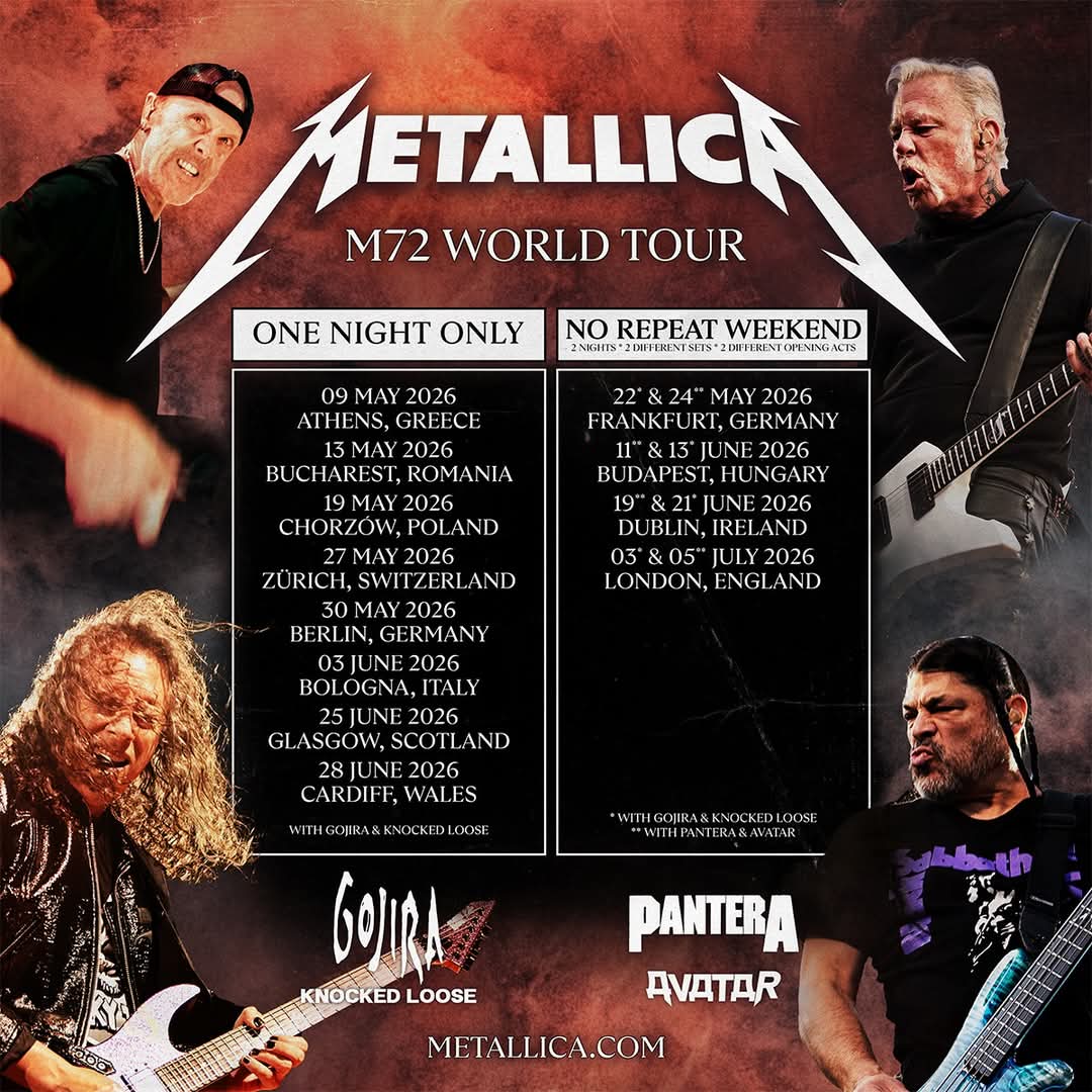 METALLICA acaba de anunciar una nueva gira Europea para el primer semestre del 2026 y la gira Sudamérica del #M72Tour aún se hace esperar. 

En esta gira los estarán acompañando las bandas Pantera, Gojira, Avatar y Knocked Loose.