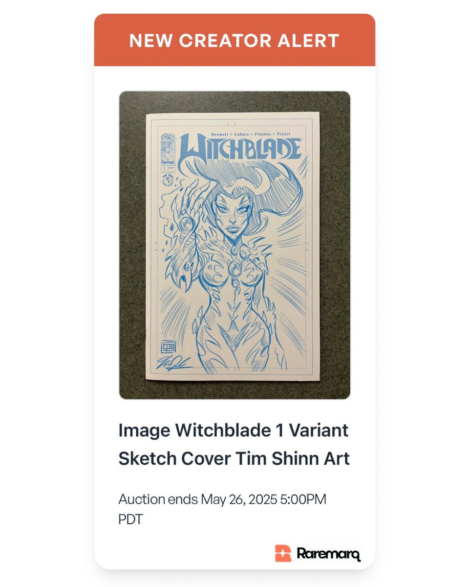 raremarq's tweet image. We’d like to take a moment and welcome the talented @TimShinn73 to the Raremarq community! Tim has four pieces currently up for auction, including this incredible Witchblade sketch cover.

#SketchDesign #comicartist  #comics