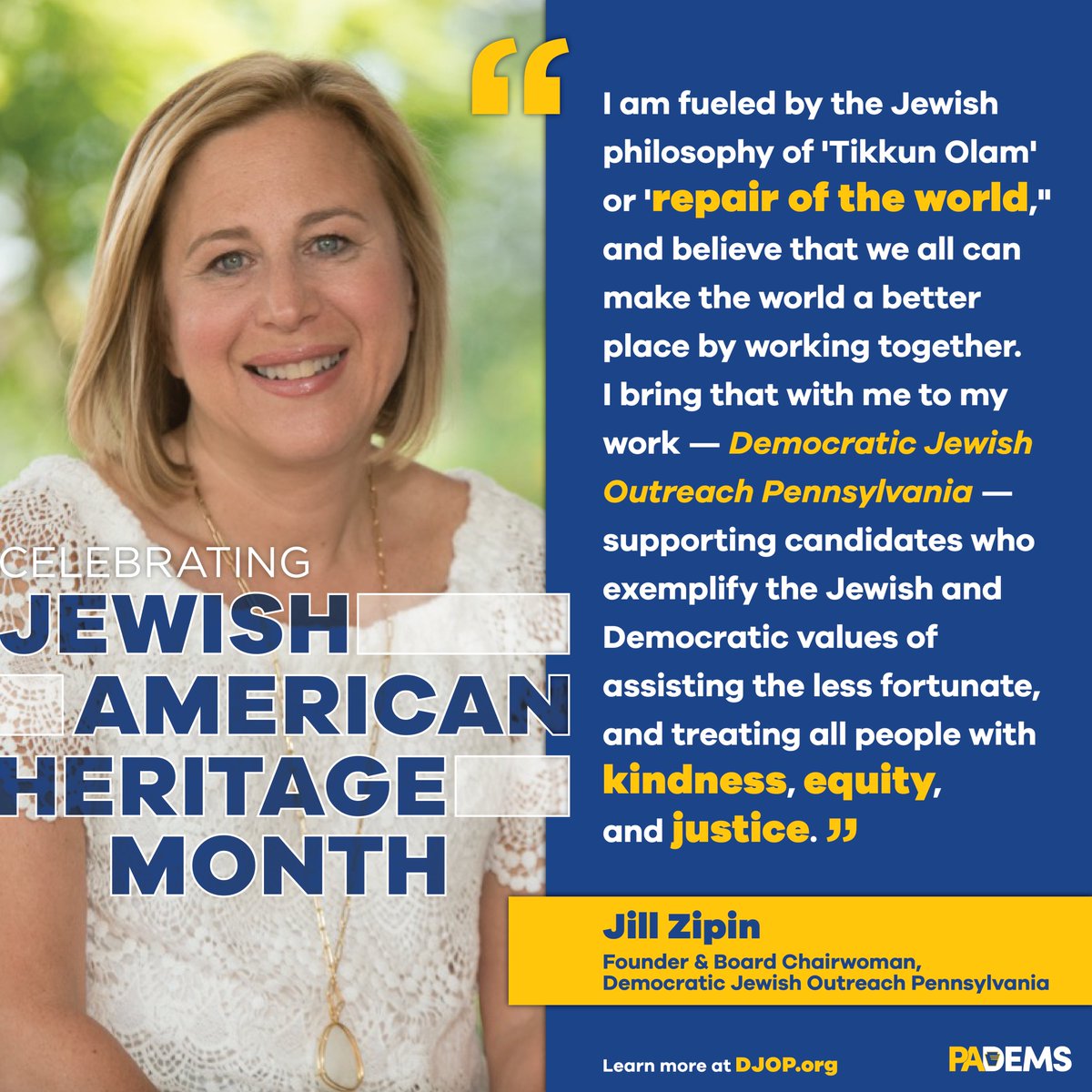 PADemParty's tweet photo. As part of Jewish American Heritage Month, we are honored to recognize Democratic Jewish Outreach Pennsylvania @DemJewishPA founder and board chairwoman, Jill Zipin. Jill has served on Jewish Federation Boards, including Women of Vision, Women’s Philanthropy, and the Jewish Community Relations Council (JCRC), where she chaired Domestic Affairs. She is also on the Board of CeaseFirePA and Abramson Senior Care and co-chaired the endowment campaign for Congregation Beth Or in Maple Glen, PA, of which she is also a member. Find out more at https://t.co/o5bhTAY9d7!