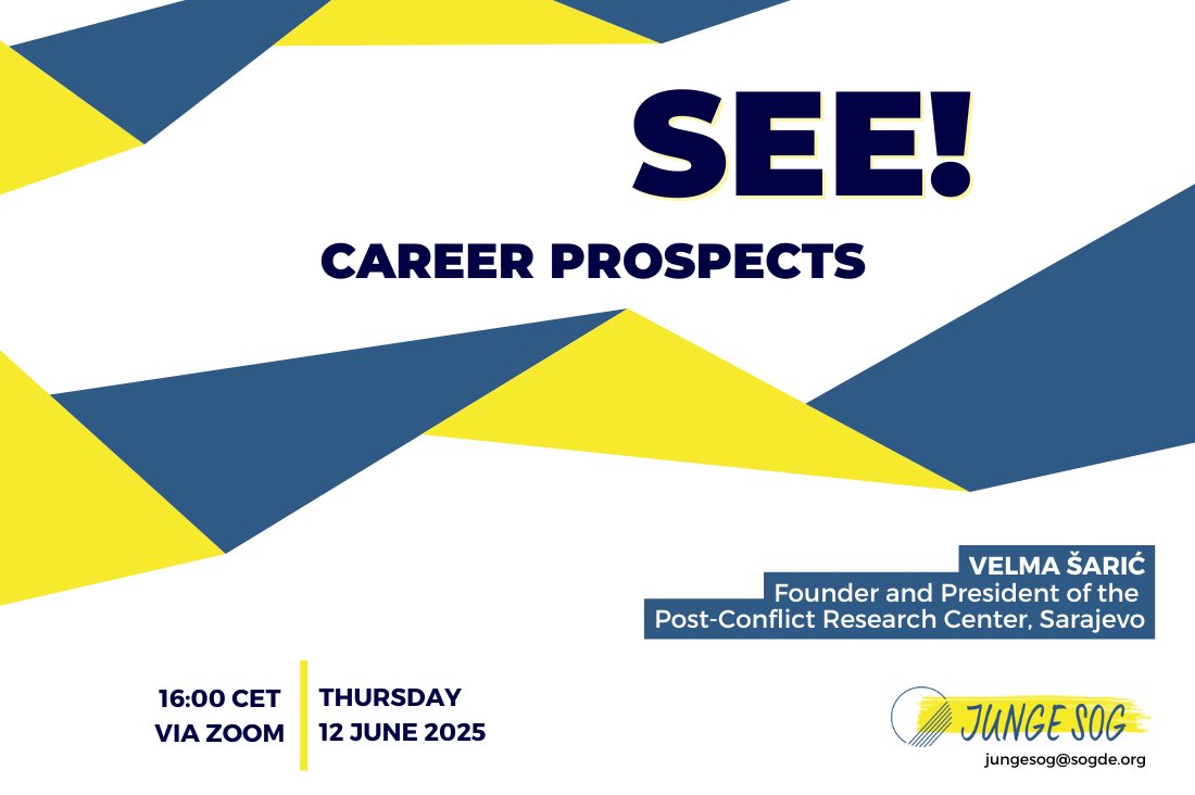 Our next online talk on career prospects!

💡with Velma Šarić, Founder and President of the non-governmental Post-Conflict Research Center, Sarajevo

⚡Moderated by Philip Piljić, MA Student Southeast European Studies, University of Graz

📎Register now via our website!